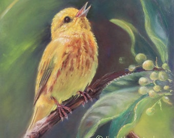 Yellow Warbler Print, Cute Bird Art, Singing Yellow Bird Print, Pastel Bird Painting, Summer Décor, Yellow Warbler Painting