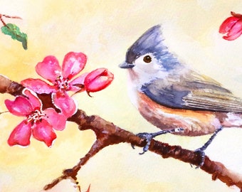 Spring Bird Print, Tufted Titmouse Print, Baby Girl Nursery, Watercolor Bird Art, Titmouse Painting, Spring Décor, Girl's Wall Art