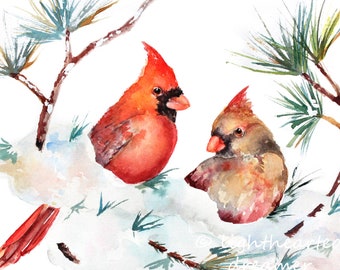 Cardinal Print, Watercolor Birds, Valentine's Day Gift, Winter Wall Art,  Holiday Decor, Love Birds Print, Winter Bird Art, Winter Decor