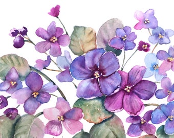 Watercolor Flowers Print, Flower Art,  African Violets Print, Purple Wall Art, Bedroom Décor, Bedroom Wall Art, African Violets Painting