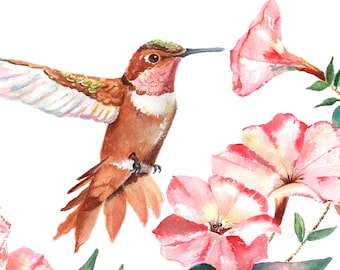 Hummingbird Print, hummingbird wall art, Baby Girl Nursery art, Hummingbird Painting, Watercolor Birds, Summer Wall Art,  Petunia painting