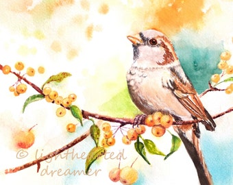 Sparrow Print, Watercolor Bird Art, Fall Bird Print, Watercolor Sparrow Painting, Autumn Wall Art, Autumn Décor