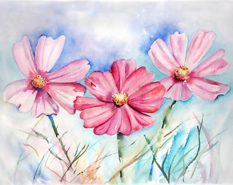 watercolor flowers, Cosmos Print, Summer Wall Art, Girl's Nursery Art, Cosmos Painting, Summer Decor, Pink Flower Print
