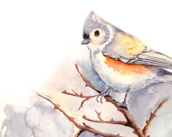 Pintura de aves, impresión de carbonero copetudo, arte de aves en acuarela, pintura de carbonero, decoración de invierno, arte mural para niña, decoración de aves