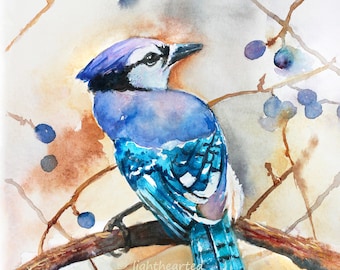 Watercolor Bird, Blue Jay Print, Blue Jay Painting, Winter Wall Art, blue kitchen Décor, Winter Bird Art, Winter Wall Art