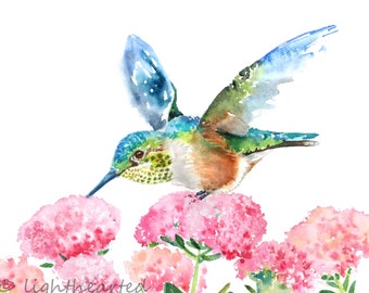 Hummingbird Print, Tropical Décor, hummingbird wall art, Watercolor Birds, pink flowers painting, nursery wall art, Colorful Bird Art