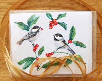 Boxed Holiday Cards, Bird Notecards, Chickadee Notecard Set, Christmas Cards, Watercolor Birds, Set of 10 Watercolor cards