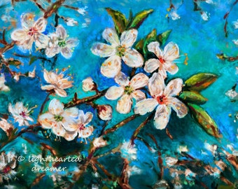 Cherry Blossoms Print, Flower Art,  Spring Wall Art, Teal, Bedroom Décor, Bedroom Art Print, Colorful Flower Painting, Spring Décor