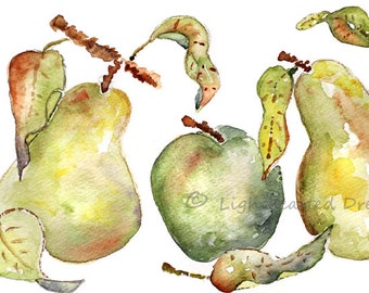 Green Kitchen Art, Watercolor Pear, Watercolor Apple, Fall Kitchen Art, Kitchen Print, Green kitchen Décor, Watercolor Fruit Painting