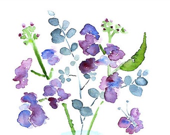 watercolor flower, bathroom art, bathroom wall decor, watercolor painting, purple, butterfly art, blue, green - Keeping Spring 9