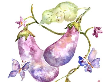 Eggplant Print, Watercolor Food, Watercolor Kitchen Art, Gift for Gardener, Kitchen Painting, Butterfly Art, Vegetable Painting,blue, Purple