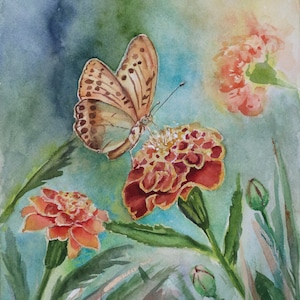 Watercolor Butterfly, Butterfly Wall Art, Original Butterfly Painting, Girl&#39;s Bedroom Art, Marigold Painting, Floral Décor, Summer Wall Art
