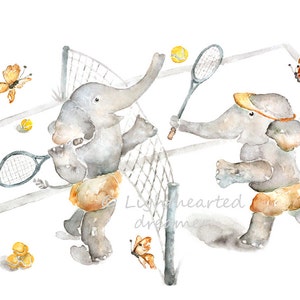 Elephant Nursery Print, tennis nursery, Sports Nursery Art, Kid's Wall Art, Baby Boy Nursery, Elephant Nursery Décor