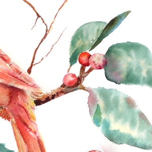 May include: Watercolor painting of a red cardinal perched on a branch with green leaves and red berries. The bird's feathers are painted in shades of red, orange, and yellow.