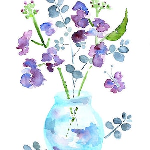 watercolor flower, bathroom art, bathroom wall decor, watercolor painting, purple, butterfly art, blue, green Keeping Spring 9 image 2