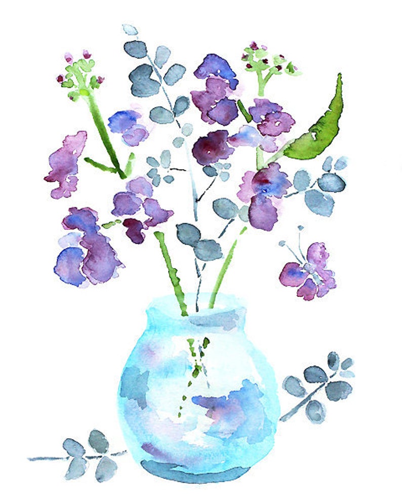 watercolor flower, bathroom art, bathroom wall decor, watercolor painting, purple, butterfly art, blue, green Keeping Spring 9 image 2