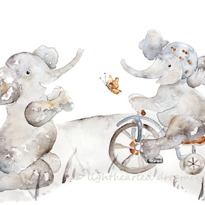 Elephant Nursery Print, bicycle, tricycle, Watercolor Print, Kids Wall Art, Toddler, Baby Boy Nursery Art image 1