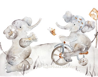 Elephant Nursery Print, bicycle, tricycle, Watercolor Print, Kids Wall Art, Toddler, Baby Boy Nursery Art