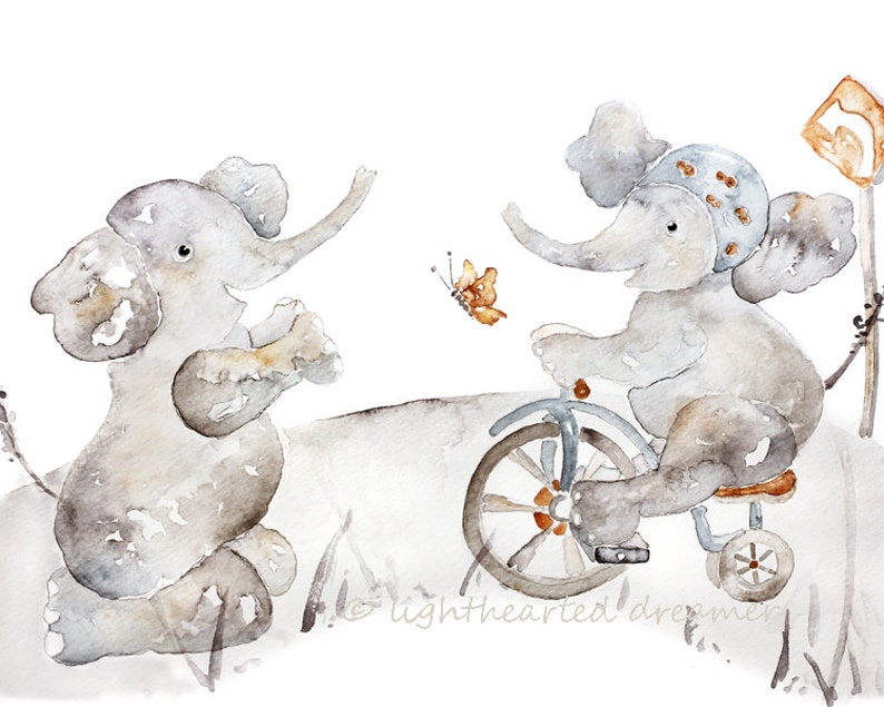 Elephant Nursery Print, bicycle, tricycle, Watercolor Print, Kids Wall Art, Toddler, Baby Boy Nursery Art image 1