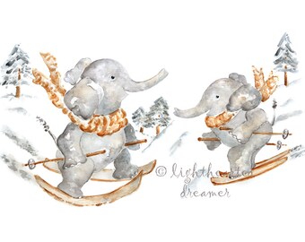 Elephant Nursery Print, Sports Nursery Print, Baby Boy Nursery, ski art, Boy's Nursery Decor, Winter Nursery Art, Elephant Nursery wall art