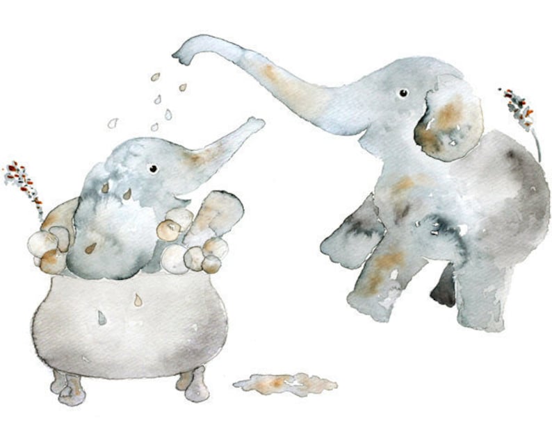 Children's Art, Watercolor Elephant Print, Elephant Bathroom Art, Kids Wall Art, Elephant Nursery Art, Grey, Kids Bathroom Decor image 1