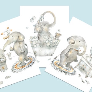 Kid&#39;s Bathroom Art Set, Elephant Digital Prints,  printable wall art set, Elephant Bathroom Art, Bathroom Décor, Elephant Wall Art
