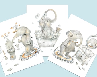 Kid's Bathroom Art Set, Elephant Digital Prints,  printable wall art set, Elephant Bathroom Art, Bathroom Décor, Elephant Wall Art