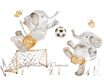 Elephant Nursery Art, Sports Nursery Art, Elephants Playing Sports, Soccer Dad Gift, Soccer Print, Boy Nursery Print, Nursery Decor