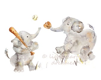 May include: Two watercolour painted elephants playing baseball. One elephant is holding a bat and the other is catching a ball with a glove.