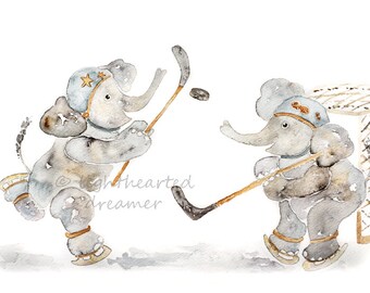 Boy's Nursery Art, Hockey Nursery Print, gift for new dad, Sports Nursery, Elephant nursery Art, Custom Nursery Art, Baby Boy's Wall Art