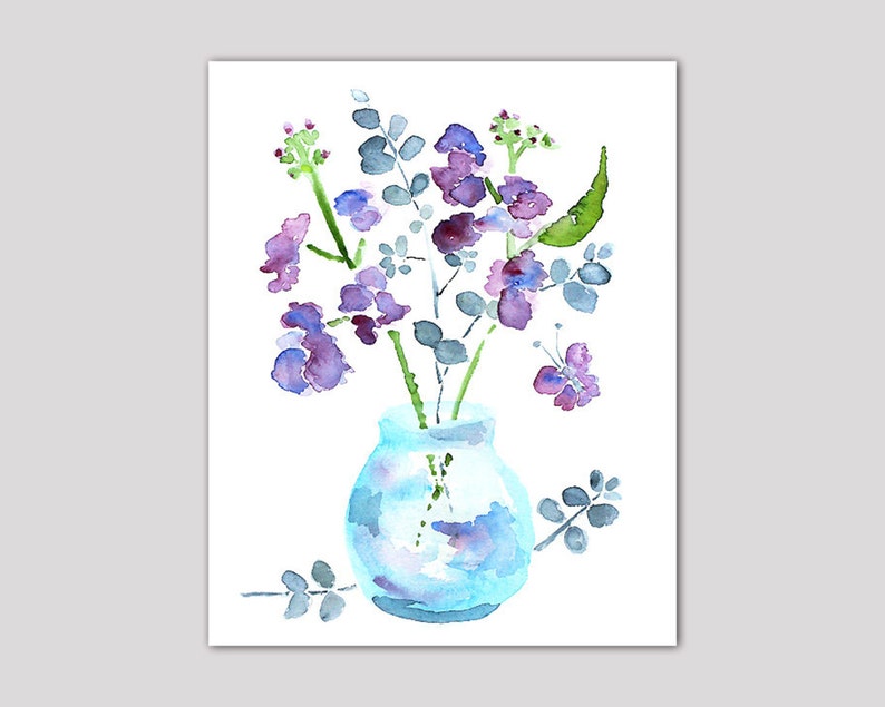 watercolor flower, bathroom art, bathroom wall decor, watercolor painting, purple, butterfly art, blue, green Keeping Spring 9 image 1