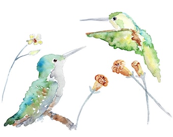 Hummingbird Print, turquoise bird art, Watercolor Birds, nursery wall art, hummingbird art, Cute Bird Art
