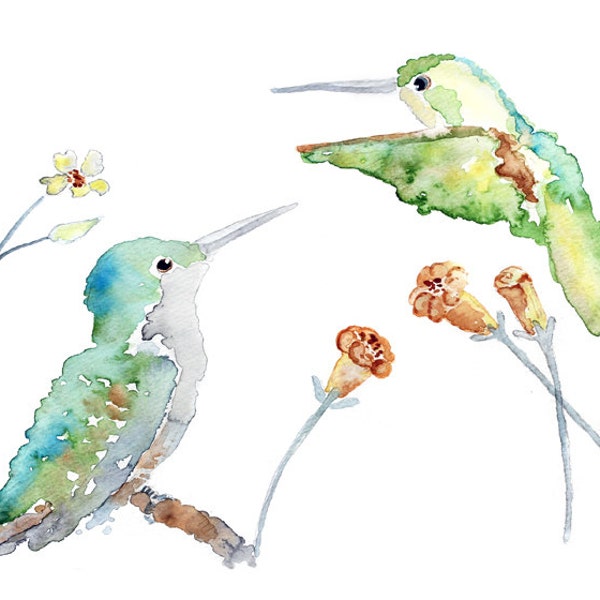 Hummingbird Print, turquoise bird art, Watercolor Birds, nursery wall art, hummingbird art, Cute Bird Art