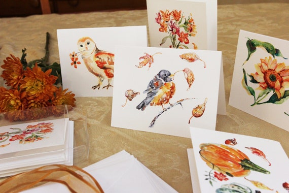 Boxed Notecards Set Watercolor Flowers Autumn Card Set Bird Etsy