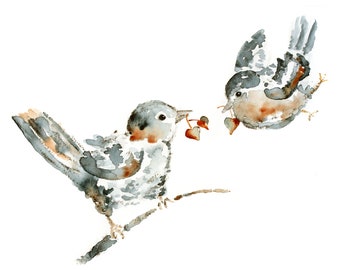May include: Watercolour painting of two birds, one perched on a branch and the other flying, with a cluster of red berries in between them.