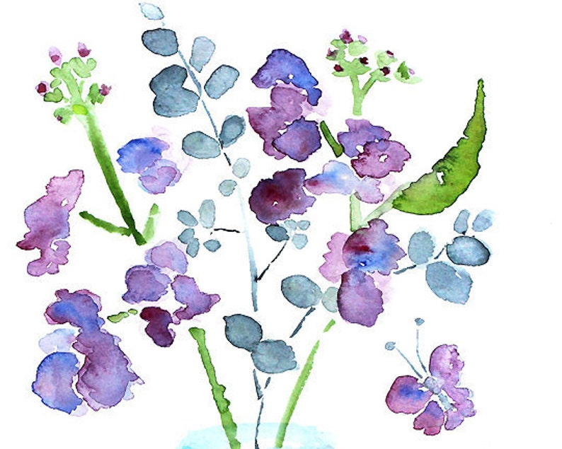 watercolor flower, bathroom art, bathroom wall decor, watercolor painting, purple, butterfly art, blue, green Keeping Spring 9 image 4