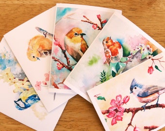 Bird Notecards, Set of 10, Birthday Gift, Spring Notecard Set, Birds and Blosssoms, Watercolor Birds, boxed card set, Bird Lover's Gift