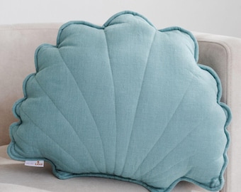 Linen Seashell Starfish Pillow, Kids Decorative Cushion, Nursery Throw Pillow, Ocean Room Decor, Toddler Bedroom, Reading Corner Pillow