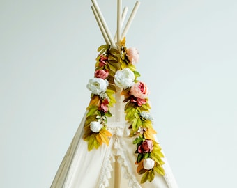 Topper de tipi floral, decoración linda de tipi, guirnalda de flores sintéticas boho, guirnalda de flores falsas, topper de Hawái, topper de tienda tipi, decoración de habitación para niñas