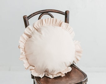 Almohada redonda con volantes, cojín de tiro, almohada circular, almohada redonda boho, almohada decorativa, cubierta de almohada con volantes, decoración en mal estado, almohada suave