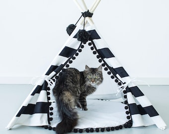 Black And White Cat Teepee, Pet Teepee, Kitty Tent, Cozy Cat Bed, Fluffy Pompom Trim Cat Bed, Cat Playhouse, Cat Cave, Pet Tipi Tent