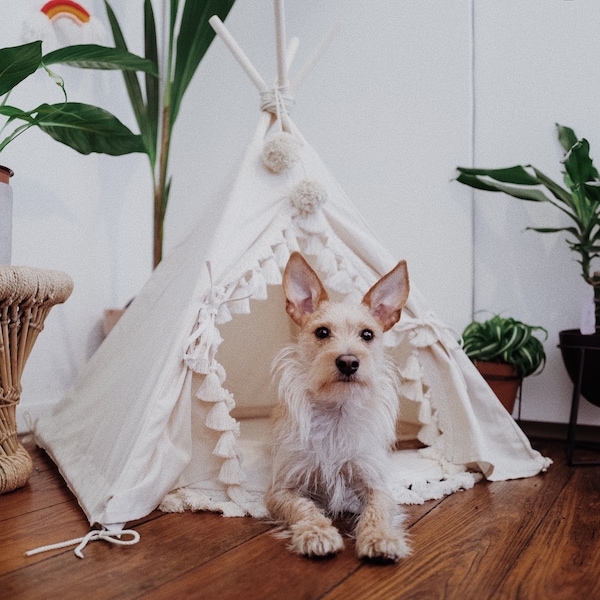 Haustier-Tipi-Zelt im Boho-Stil in der weißen Farbe - LED-Lichter-Tipi-Haus für Katze oder Hund