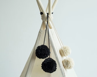 Black Teepee Topper, Teepee Accessories, Black Teepee Pom Garland, Teepee Decor, Tipi Garland, Play Tent Pom Pom Gift, Tent Accessories