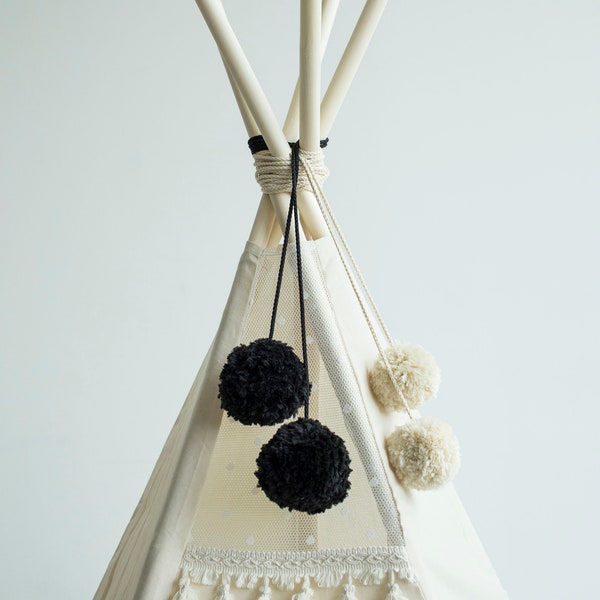 Black Teepee Topper, Teepee Accessories, Black Teepee Pom Garland, Teepee Decor, Tipi Garland, Play Tent Pom Pom Gift, Tent Accessories
