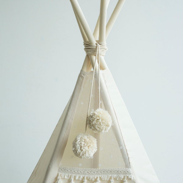 Teepee Topper, White Teepee Decoration, Teepee Pom Pom, Girls Teepee, Baby Tent Accessories, Beige Teepee Decor, Play Tent Pom Pom Gift