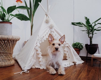 Pet teepee tent in boho style in white color - led lights teepee house for cat or dog