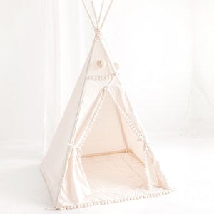 Natural canvas kids teepee by MINICAMP ~ boho pom pom tipi tent ~ square playhouse tent
