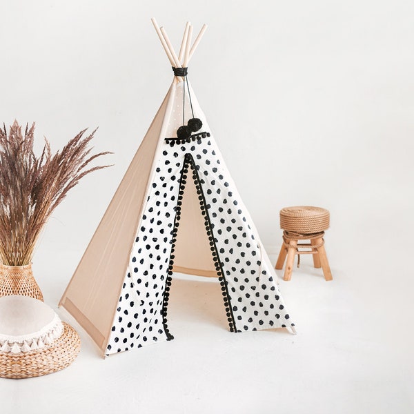 Polka Dot Kids Teepee Tent by Minicamp - Native American Tipi with Pom Poms, Children's Play Tent With Extra Poles, Tribal Teepee Decorative