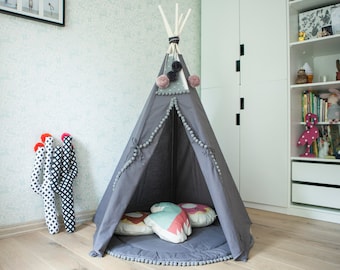 Grey Teepee Tent for Kids by Minicamp with Natural Wooden Poles and 100% - Gift for Kids Cotton - Extra Stable Tipi Tent!