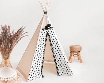 Polka Dot Kids Teepee Tent by Minicamp - Native American Tipi with Pom Poms, Children's Play Tent With Extra Poles, Tribal Teepee Decorative